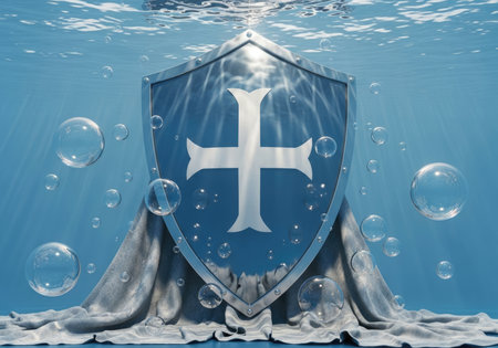 A powerful knight's shield bearing a prominent crusader cross submerged underwater. The shield is draped with flowing fabric, surrounded by rising bubbles, creating a dramatic and symbolic scene of strength and heritage.の素材