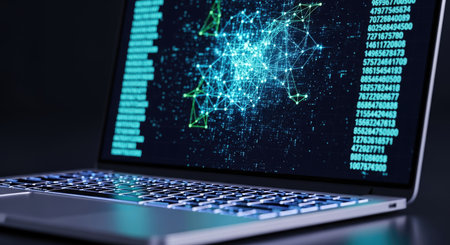 A close-up view of a laptop screen displaying intricate, glowing digital network data and code. The keyboard is subtly lit, hinting at a focus on technology and data analysis.の素材