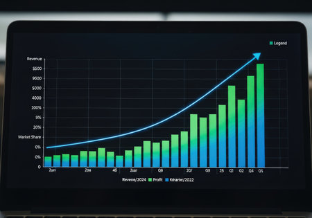A vibrant bar and line graph on a dark digital display illustrates positive financial performance and market growth trends over time. Ideal for business and finance visuals.の素材