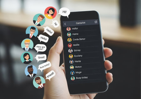 A hand holds a smartphone showcasing a vibrant social media interface with diverse user profile images and chat messages. The screen displays a contact list, suggesting communication and connection.の素材