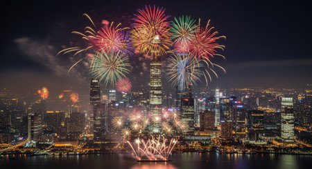 A breathtaking night view of a modern city skyline as a spectacular fireworks show explodes with colorful bursts above, reflecting on the calm water below, signifying a festive occasion.の素材
