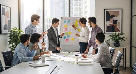 A diverse group of professionals engaged in a collaborative brainstorming session, actively discussing ideas and strategies presented on a whiteboard, fostering teamwork and innovation.の素材