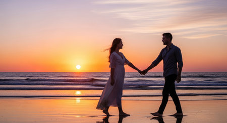 A silhouette of a couple holding hands and walking along a sandy beach as the sun sets over the ocean, casting warm colors across the sky and water.の素材