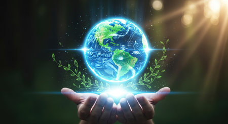 A symbolic image showcasing human hands cradling a luminous, digitally rendered Earth. This visual emphasizes interconnectedness, global technology, innovation, and the future of our planet in a conceptual art style.の素材
