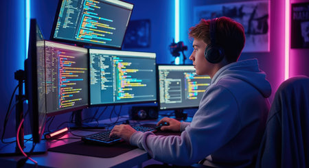 A focused programmer is immersed in their work, surrounded by the glow of multiple monitors displaying lines of code. The dimly lit room is illuminated by vibrant neon lighting, creating a high-tech atmosphere.の素材