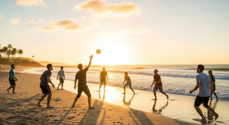 Capture the vibrant energy of friendship and summer fun. A group of silhouettes enjoys a lively game of beach volleyball as the sun dips below the horizon, casting a warm golden glow.の素材
