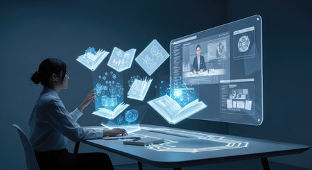 A person wearing headphones interacts with a large, curved holographic display showcasing floating documents and complex data charts. The scene depicts advanced technology and digital information management.の素材