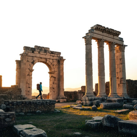 A person walks through weathered stone ruins of ancient Roman architecture. Sunlight streams through an archway and illuminates colossal columns.の素材