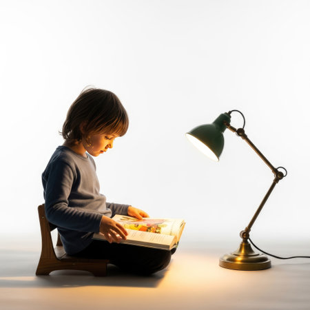 A young child is engrossed in reading a book while sitting on a small wooden chair. A vintage-style desk lamp with a green shade illuminates the book, creating a cozy and focused atmosphere.の素材