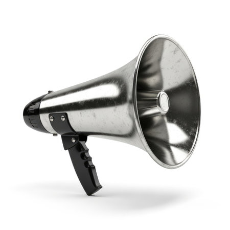 A close-up image of a silver megaphone with a black handle, positioned diagonally on a white background.の素材
