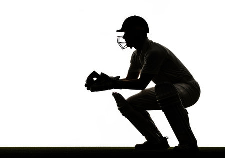 A black and white silhouette of a baseball catcher crouching in position, wearing a mask and holding a mitt.の素材