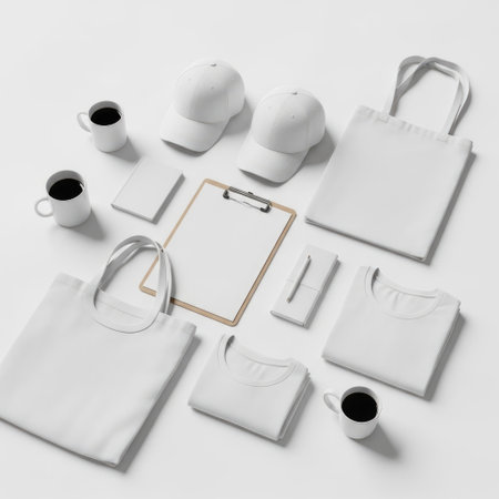 A collection of white branding items including baseball caps, tote bags, mugs, a clipboard, and t-shirts arranged neatly on a white background.の素材