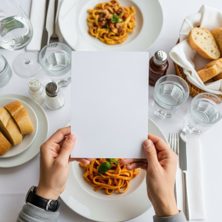 A person holding a menu above a plate of pasta in a well-set dining table with bread, glasses, and cutlery.の素材