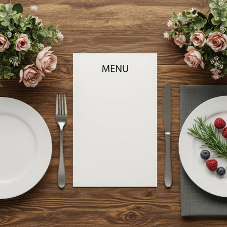 A beautifully arranged dining table featuring a menu card, cutlery, and floral decorations.の素材