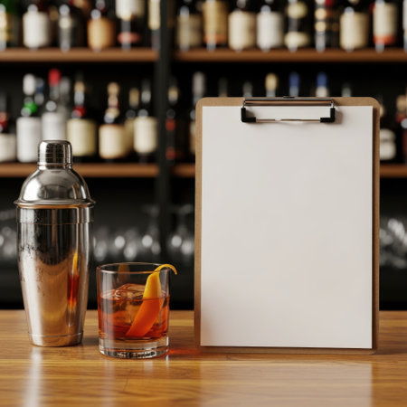 A detailed setup of a cocktail drink with a shaker and menu on a wooden bar counter.の素材