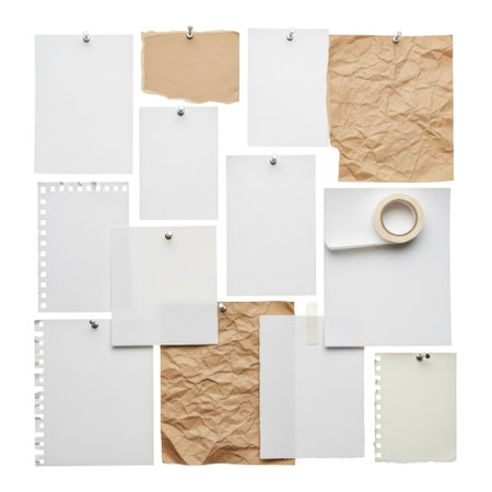 A collage featuring different types of paper, including blank sheets, spiral-bound notebooks, sticky notes, and crumpled paper, along with a roll of tape.の素材