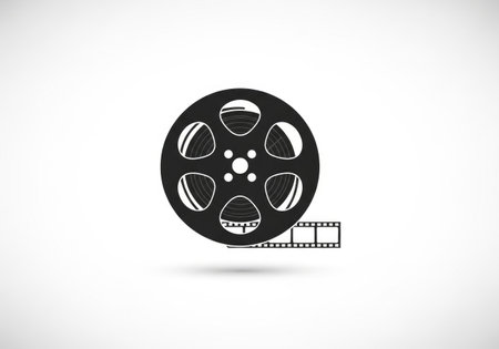 A detailed black and white illustration of a classic film reel with a strip of film extending from it.の素材