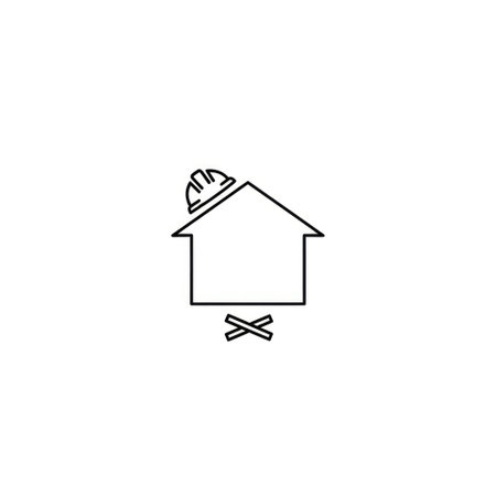 A simple line drawing of a house with a construction hat on top, indicating home building or renovation.の素材