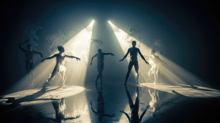 A dramatic, low-angle shot captures multiple figures in silhouette against a dark, foggy background. Strong spotlights from above create powerful beams of light that illuminate the scene and create a reflective surface below, mirroring the figures. The figures are captured in dynamic poses, suggesting a dance or performance, with wisps of fog rising around them. The lighting emphasizes the outlines of the dancers and creates a sense of mystery and energy.の素材