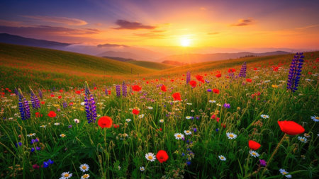 A wide, low-angle photograph captures a stunning sunset over a vast meadow of colorful wildflowers. The foreground is dominated by vibrant red poppies, tall purple lupines, and smaller white daisies, growing amongst lush green grass. The rich colors of the flowers contrast beautifully with the warm, golden light of the setting sun. In the midground and background, gentle rolling green hills stretch towards the horizon. The sky glows with intense orange and yellow near the sun, transitioning into soft pinks and purples higher up, creating a serene and picturesque landscape.の素材