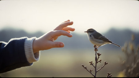 A close-up shot captures a child's hand reaching from the left towards a small bird perched on a bare branch on the right. The scene, set in a natural outdoor environment with a softly blurred background, portrays an innocent moment of curiosity and potential interaction between human and wildlife.の素材