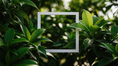 A minimalist and conceptual image showcasing a simple white square frame centered within a backdrop of lush green foliage. The leaves surrounding the frame are vibrant green, some in sharp focus while others create a soft bokeh effect in the background. Natural light filters through the leaves, highlighting the textures and colors of the plant life. The composition contrasts the geometric man-made shape of the frame with the organic forms of nature, suggesting themes of focus, environment, or a window into nature.の素材