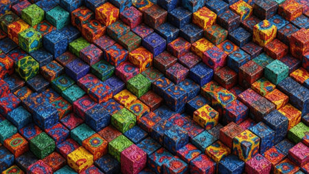 A close-up high-angle shot captures a dense arrangement of colorful, three-dimensional blocks or cubes. Each block features intricate patterns in vibrant colors like blue, green, red, orange, and yellow. The blocks are tightly packed together, creating a textured, uneven surface that forms an abstract and visually complex background or design element.の素材
