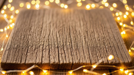A detailed close-up, low-angle shot of a piece of rustic wooden plank with prominent, textured grain. The wood surface is centered in the composition, providing copy space. Surrounding the plank are warm-toned string lights, out of focus, creating a soft bokeh effect in the background and foreground. The lighting creates a cozy, festive atmosphere suitable for holiday greetings, product display, or winter themes.の素材