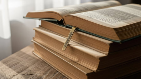 A close-up shot captures a stack of aged books resting on a rustic wooden surface. The top book lies open, revealing text on its yellowed pages. A decorative metal bookmark is inserted into the open book, hanging down along the spine of the volume beneath it. Natural light from a nearby window illuminates the scene, highlighting the texture of the paper and wood, creating a serene and scholarly atmosphere.の素材