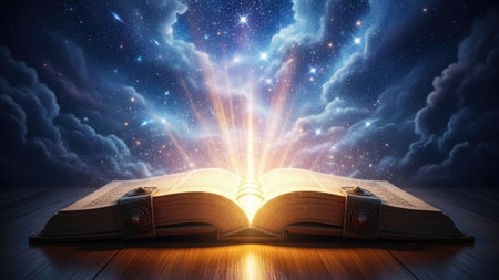 A low-angle shot captures an open, ancient-looking book resting on a wooden surface. Brilliant, magical light emanates from between its pages, rising upward as a powerful beam towards a dramatic night sky filled with twinkling stars and dark, swirling clouds. The scene evokes a sense of fantasy, knowledge, and the boundless power of stories and imagination.の素材