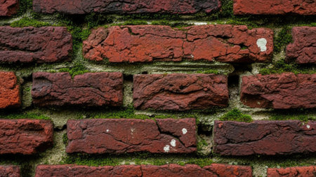 A detailed close-up shot captures the rough and textured surface of a weathered red brick wall. The bricks display signs of age with cracks and imperfections, while patches of bright green moss grow between the individual bricks and on the mortar joints. The image provides a strong contrast between the earthy tones of the bricks and the vivid color of the moss, creating an intriguing natural and man-made texture.の素材