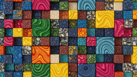A detailed, high-resolution image of a vibrant abstract wall made up of numerous small and large cubes arranged in a grid pattern. Each cube displays a unique texture, ranging from intricate wavy patterns reminiscent of malachite or wood grain, to rough, grainy surfaces and speckled terrazzo-like designs. The color palette is rich and diverse, featuring bright tones of yellow, green, blue, pink, red, and orange, creating a colorful and dynamic mosaic background.の素材