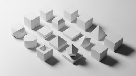 The image features a collection of geometric shapes including cubes, cylinders, and spheres, arranged in a minimalist pattern on a plain background. The monochrome palette and distinct shadows add depth to the composition.の素材