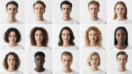 This image features a grid of 15 individuals, each with distinct facial features and hairstyles. The individuals are arranged in three rows and five columns. Each person has a neutral expression and is facing the camera directly. The background is plain white, which ensures that the focus remains on the individuals.の素材