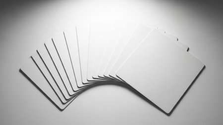 A close-up image of a neatly stacked pile of white blank cards, arranged in a fan-like fashion, against a plain background.の素材