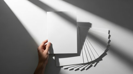 The image depicts a hand holding a single sheet of paper against a light source, casting a distinct shadow on the wall. The shadow is an elongated, curved shape resembling a staircase or a series of steps. The overall scene is minimalistic and monochromatic, with a focus on the interplay of light and shadow.の素材