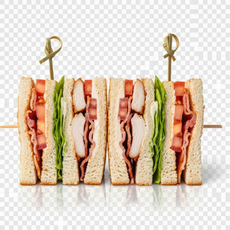 A classic club sandwich cut in half, revealing layers of grilled chicken, crispy bacon, fresh lettuce, and ripe tomato between toasted bread slices, secured with a skewer. Isolated on a transparent background with a subtle reflection.の素材