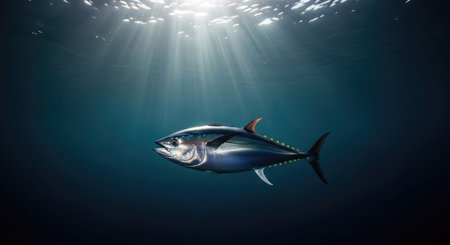A detailed underwater scene featuring a single tuna fish swimming gracefully in deep blue ocean water. Sunlight is filtering down from the surface, creating a radiant effect around the fish.の素材