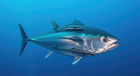 A detailed image of a single, sleek fish swimming in deep blue ocean water, showcasing its streamlined body and fins.の素材
