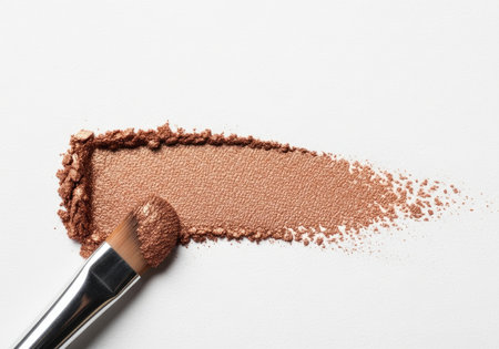 A makeup brush with a light brown color cosmetic powder swatched on a white background.の素材