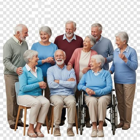 A group of elderly individuals, both men and women, are gathered together, smiling and enjoying each other's company. Some are standing while others are seated, creating a warm and friendly atmosphere.の素材