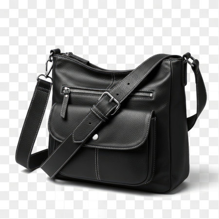 A stylish black leather crossbody bag featuring multiple compartments and zippers, designed for everyday use.の素材