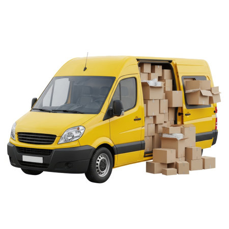 A bright yellow delivery van with its rear doors open, revealing a stack of cardboard boxes inside. Additional boxes are piled up next to the open doors, suggesting active loading or unloading.の素材