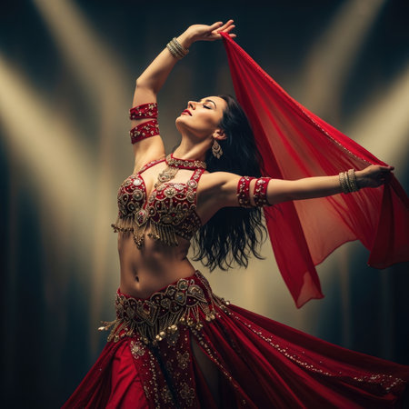 A captivating image of a belly dancer in a vibrant red costume, gracefully performing with a flowing red veil.の素材