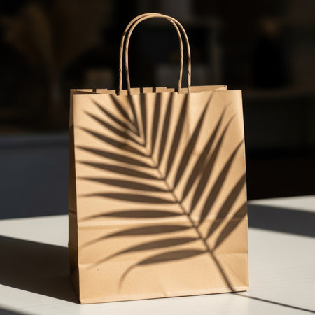 A brown paper bag with a handle is placed on a table, with the shadow of a palm leaf cast on its surface. The background is blurred, emphasizing the bag and the shadow.の素材