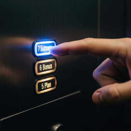 A close-up image of a hand pressing the button for the seventh floor on an elevator control panel.の素材