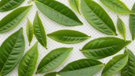 A collection of vibrant green tea leaves artfully arranged on a pristine white background, showcasing their natural beauty and texture.の素材