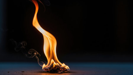 A close-up image of a flame dancing elegantly in the dark, casting a warm glow against the surrounding darkness, with wisps of smoke curling upwards.の素材