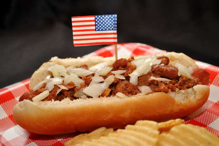  American Chili Dog with Diced Onion on Topの写真素材