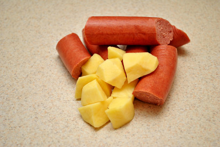 Raw Kielbasa and Cut Potatoesの写真素材